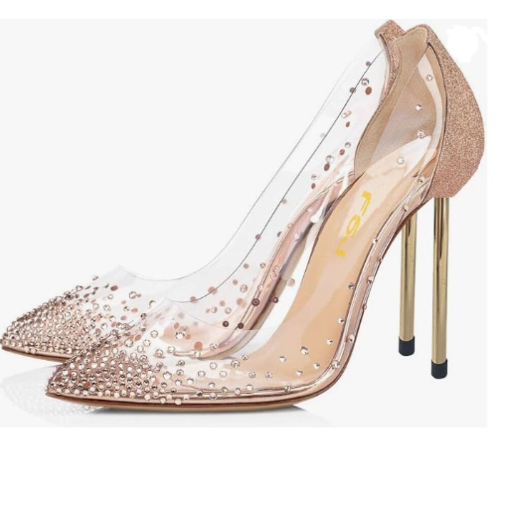 FSJ Sparkle Pink Studded Pointed Toe Transparent Pumps High Heels Shoes